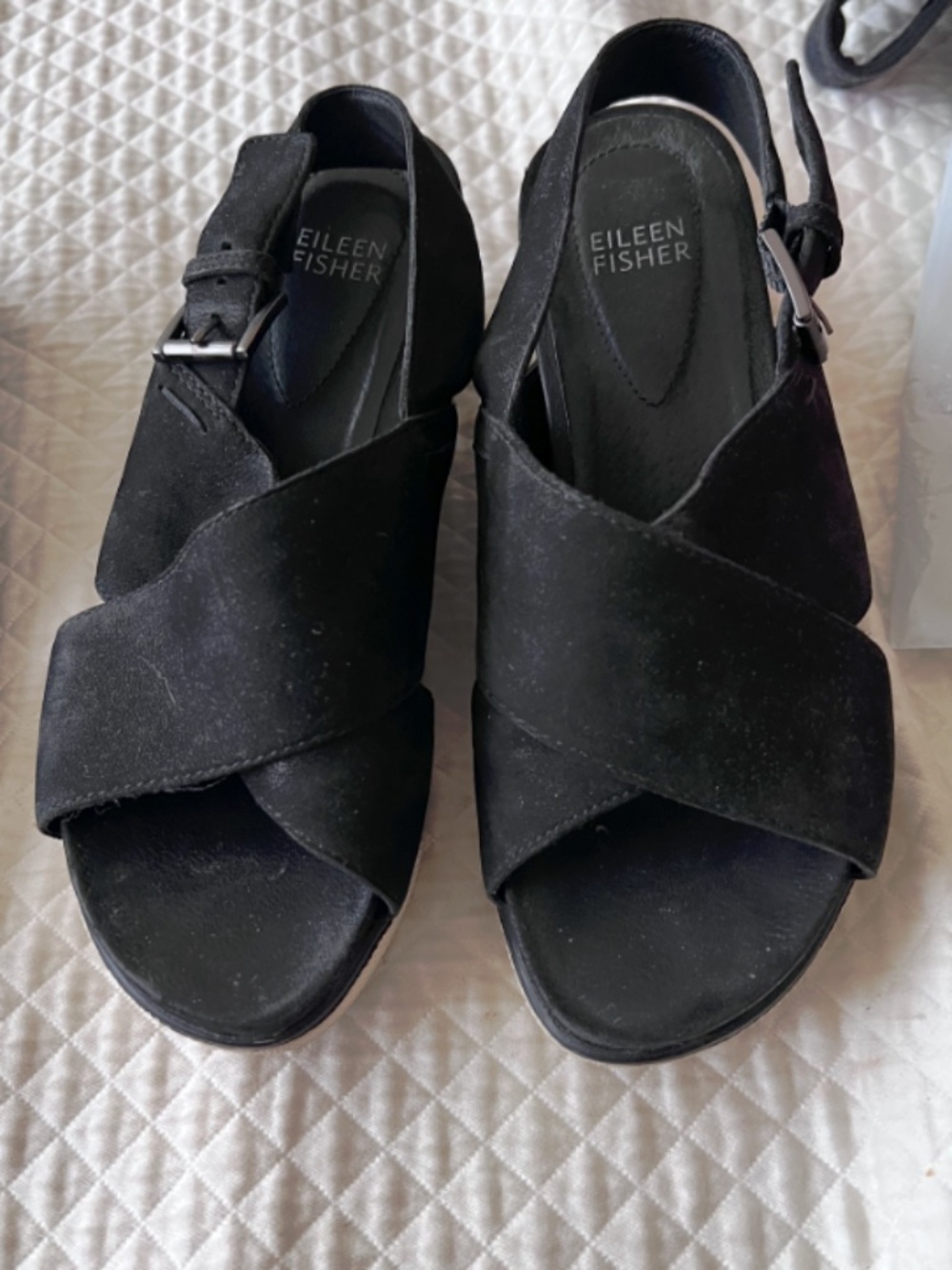 Eileen Fisher black suede crisscross slingback wedge sandals